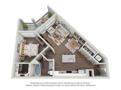 From entry is open-concept kitchen with island and laundry closet. Opens into dining and living room with a private balcony.bathroom with garden tub from kitchen. Bedroom with walk-in closet.